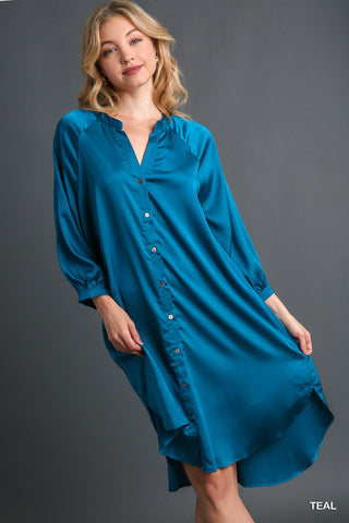 Satin Button Down High Low Hem Midi Dress