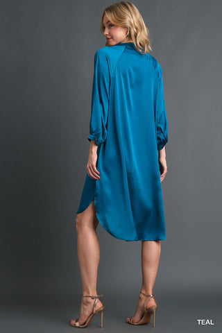 Satin Button Down High Low Hem Midi Dress