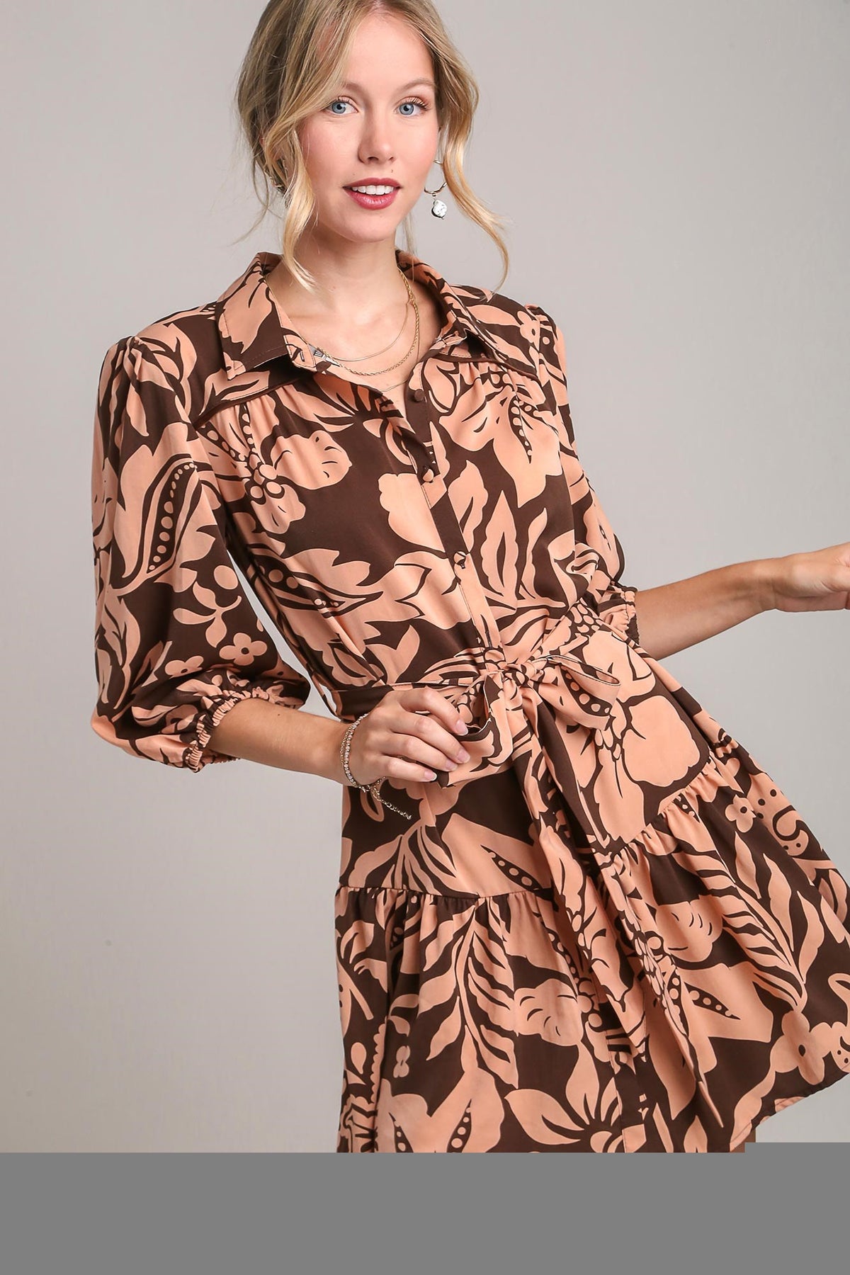 Two Tone Floral Print Puff Sleeve Dress with Belt