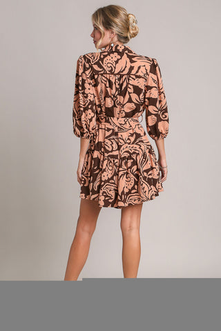 Two Tone Floral Print Puff Sleeve Dress with Belt