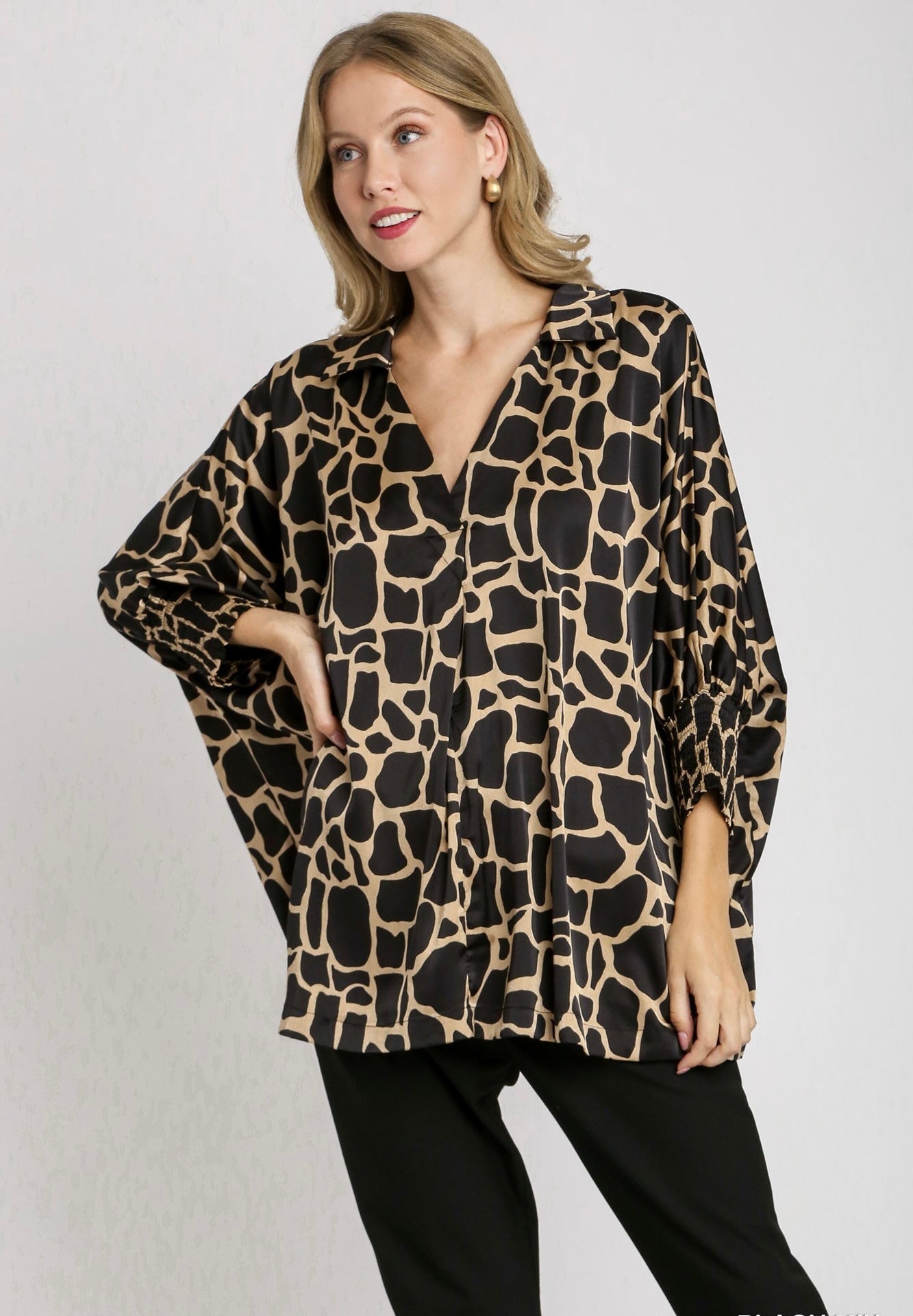 Satin Two Tone Giraffe Print Boxy Cut Oversized Collared Shirt