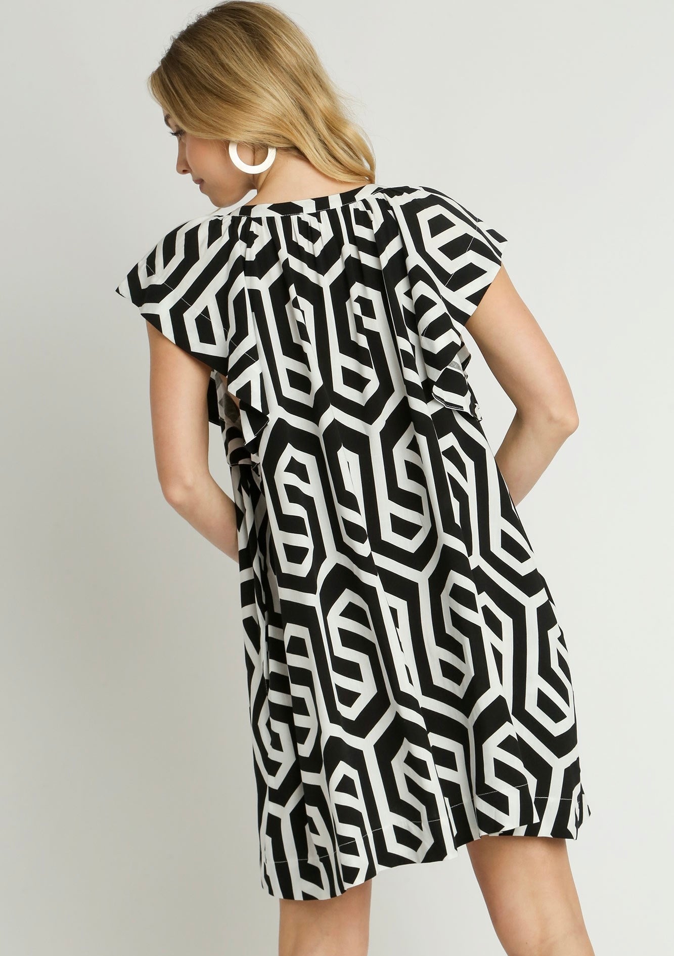 Geometric Print Button Down Dress with Side Pockets & Ruffle Short Sleeves