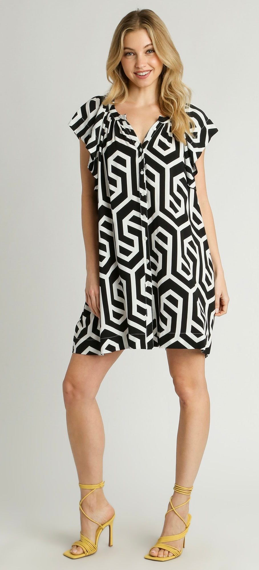 Geometric Print Button Down Dress with Side Pockets & Ruffle Short Sleeves