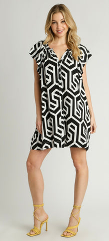 Geometric Print Button Down Dress with Side Pockets & Ruffle Short Sleeves