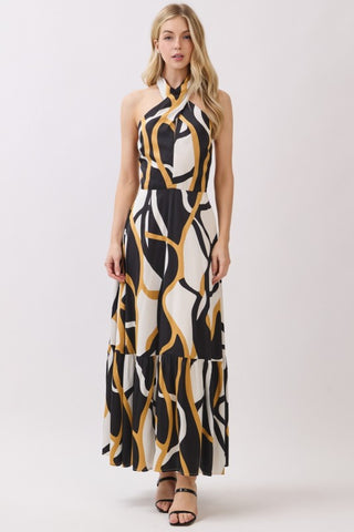 Women Woven Printed Sleeveless Twisted Halter Maxi Dress