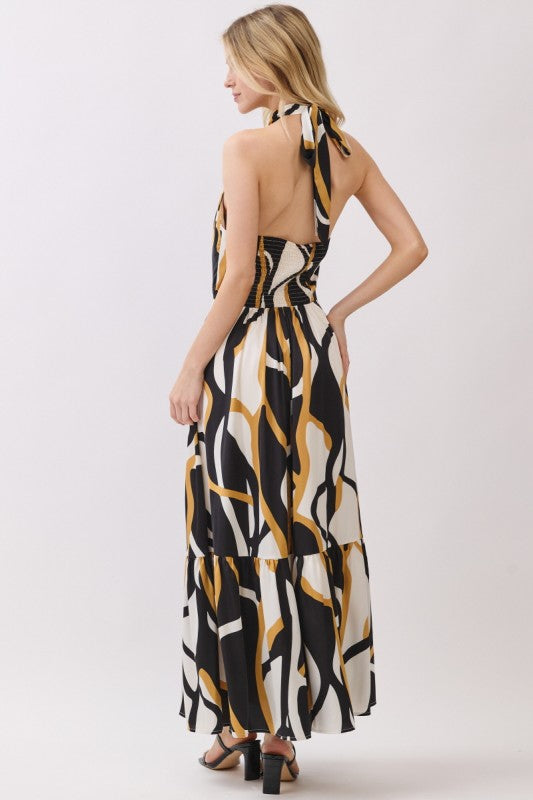 Women Woven Printed Sleeveless Twisted Halter Maxi Dress