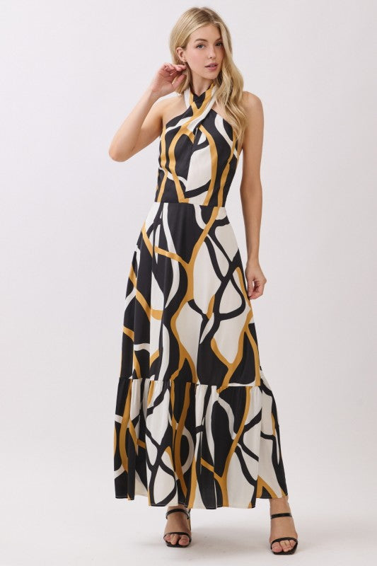 Women Woven Printed Sleeveless Twisted Halter Maxi Dress