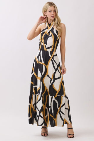 Women Woven Printed Sleeveless Twisted Halter Maxi Dress