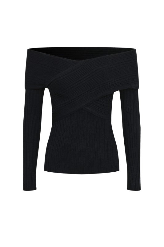 Wrap Effect Knit Off Shoulder Long Sleeve Top
