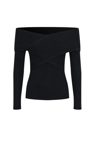 Wrap Effect Knit Off Shoulder Long Sleeve Top