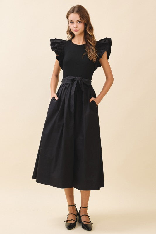 Double Layered Ruffle Shoulder Midi Dress
