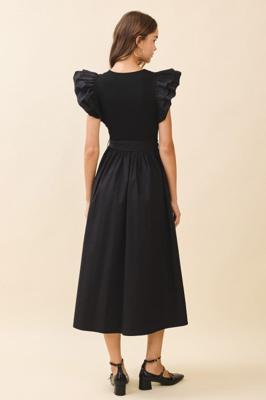 Double Layered Ruffle Shoulder Midi Dress