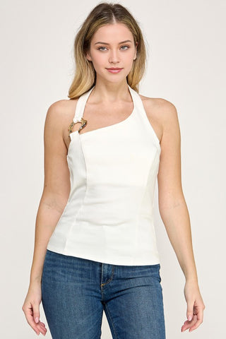 Halter Neck Back Smocking Solid T Shirt