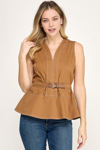 V Neck Belted Peplum Top