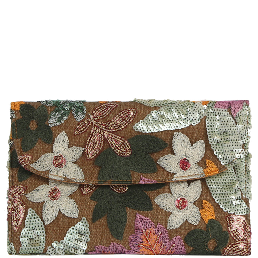Floral Leaf Embroidered Sequin Design Clutch