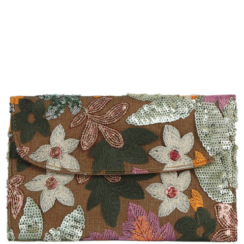 Floral Leaf Embroidered Sequin Design Clutch
