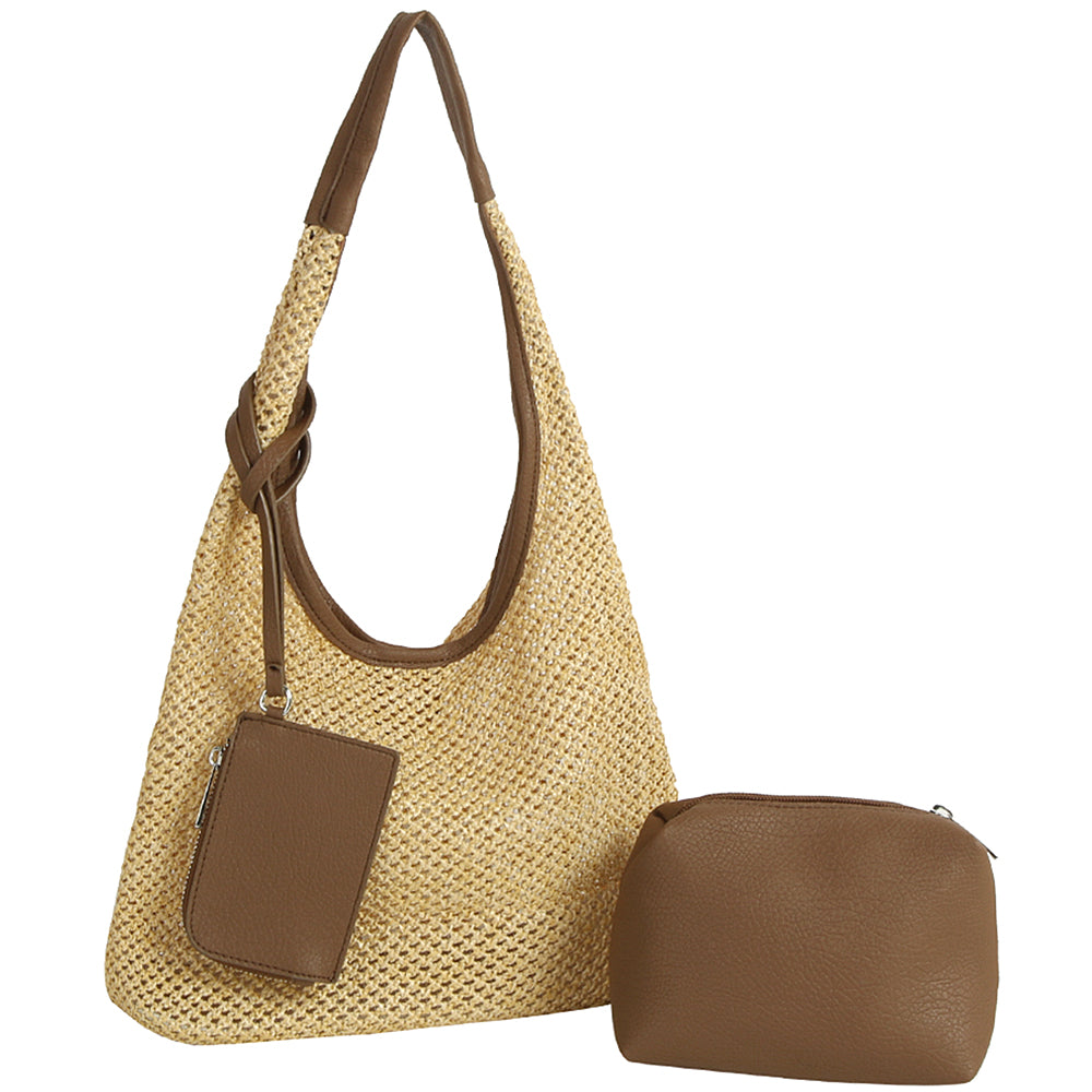 3In1 Vented Net Design Shoulder Hobo Bag W Pouch Set