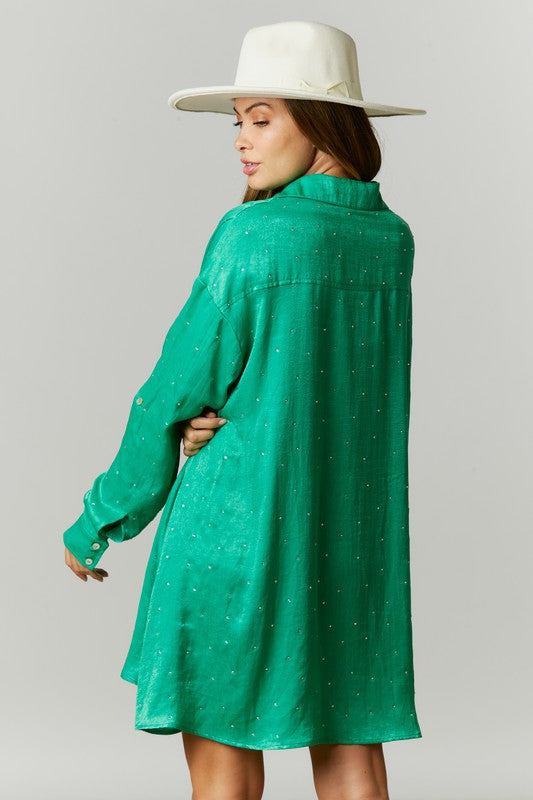 Rhinestone Embellished Satin Shirt Dress