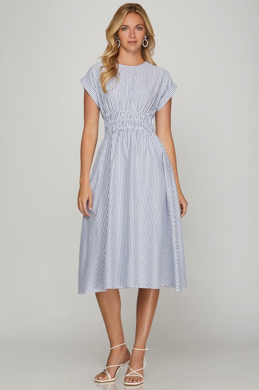 Drop Shoulder Striped Midi Dress With Pockets