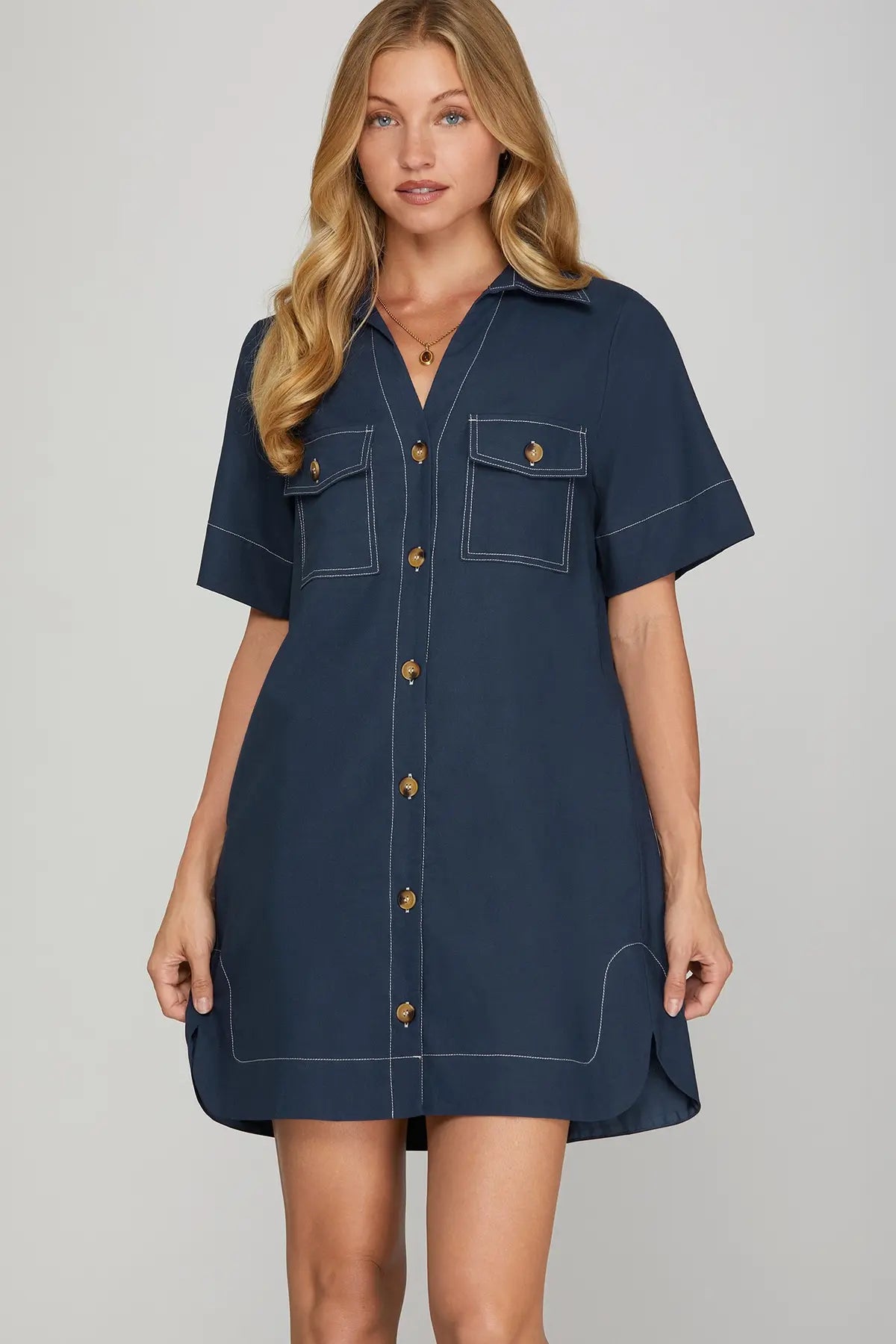 SHORT SLEEVE BUTTON DOWN SHIRTS MINI DRESS WITH POCKETS