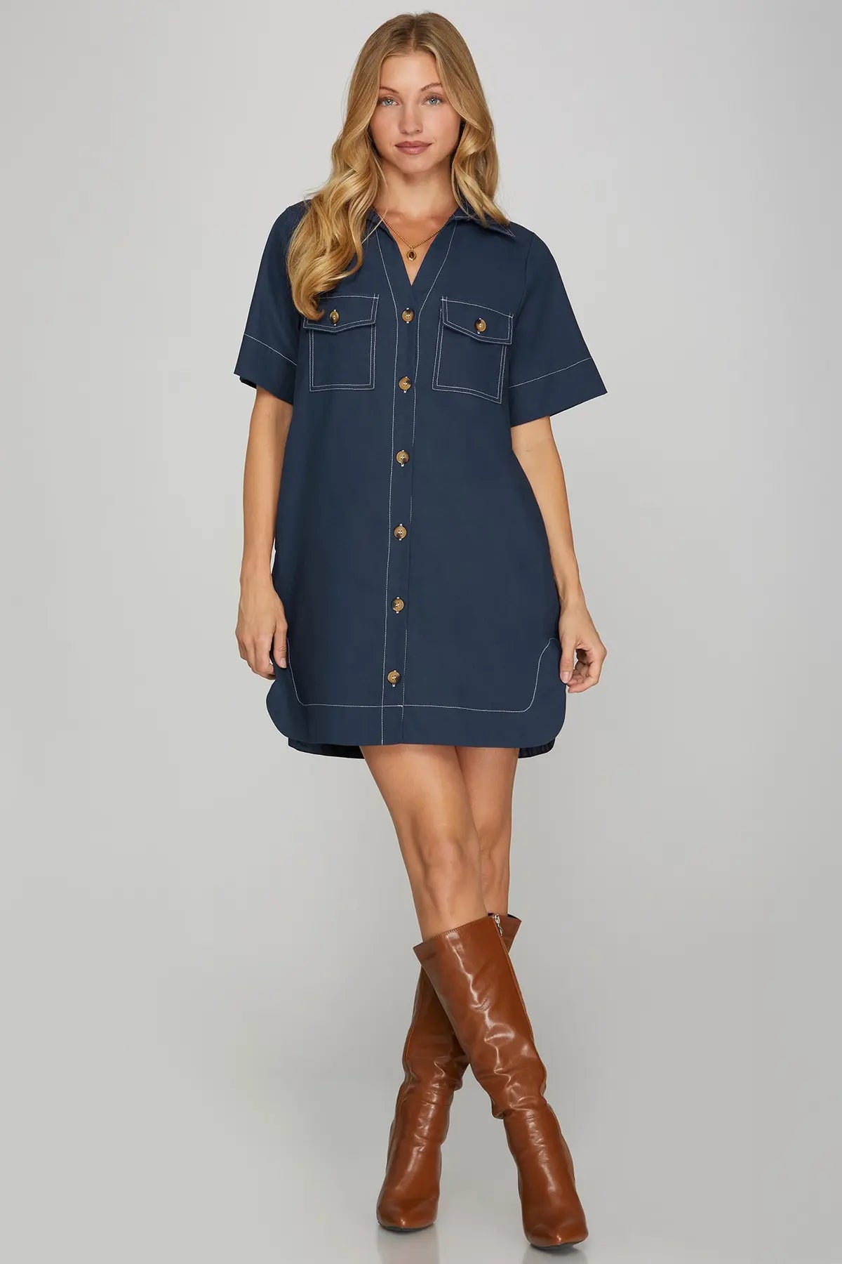 SHORT SLEEVE BUTTON DOWN SHIRTS MINI DRESS WITH POCKETS