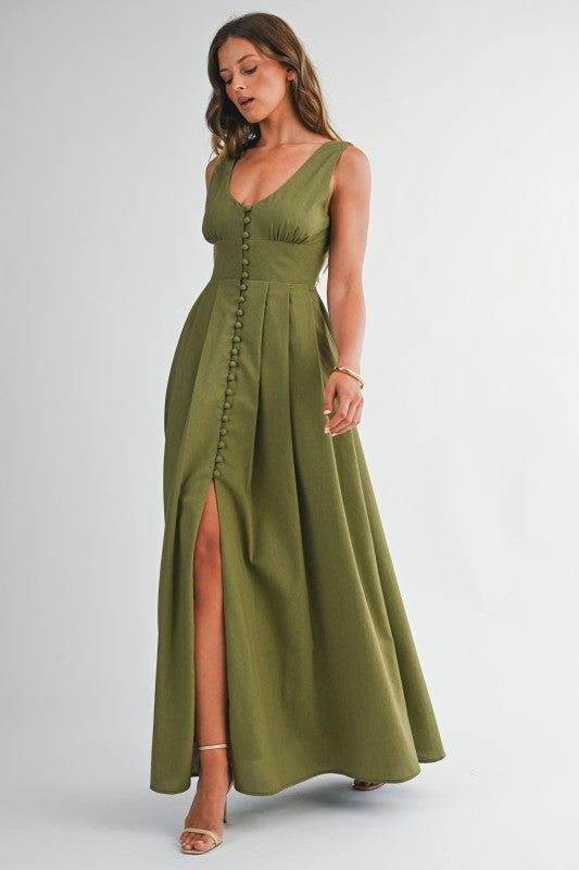 Back Bow Detail Button-front Maxi Dress