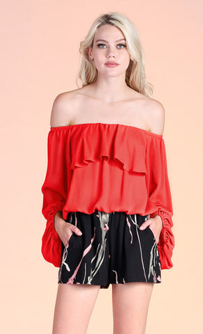 Crinkle Solid Off Shoulder Balloon Top