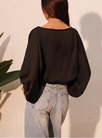 Hammered Satin Boat Neck Balloon Top