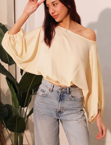 Hammered Satin Boat Neck Balloon Top