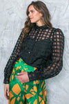 Collared Button Down Woven Jacquard Blouse