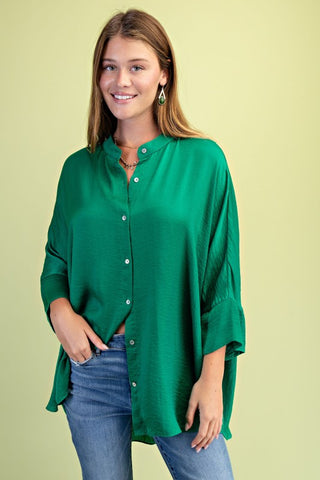 Washed Satin Button Down Loose Fit Top