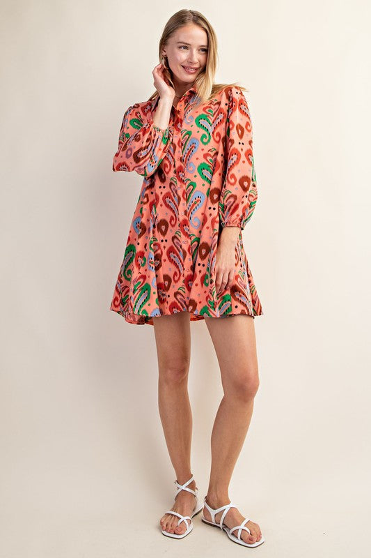 Print Button Down Shirt Dress With Puff Sleeves