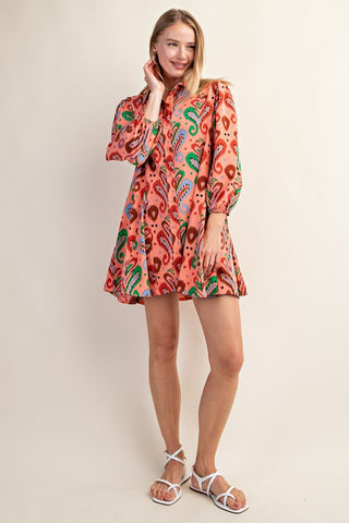 Print Button Down Shirt Dress With Puff Sleeves
