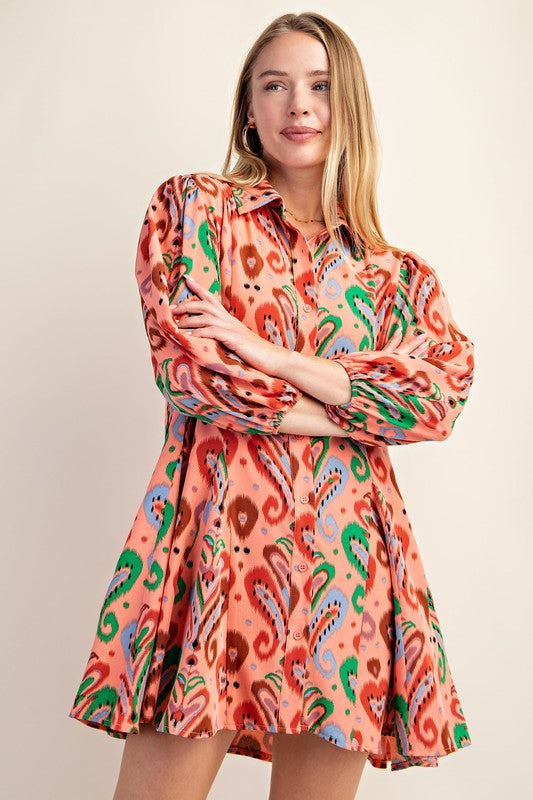 Print Button Down Shirt Dress With Puff Sleeves