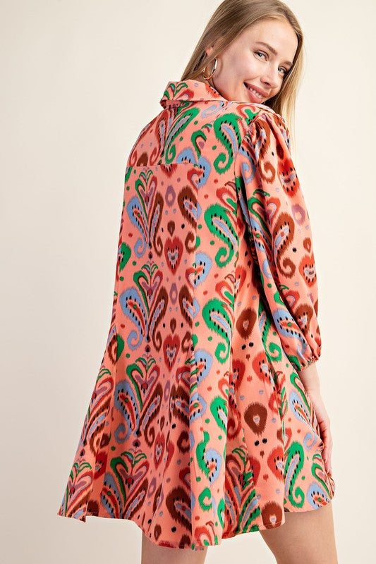 Print Button Down Shirt Dress With Puff Sleeves