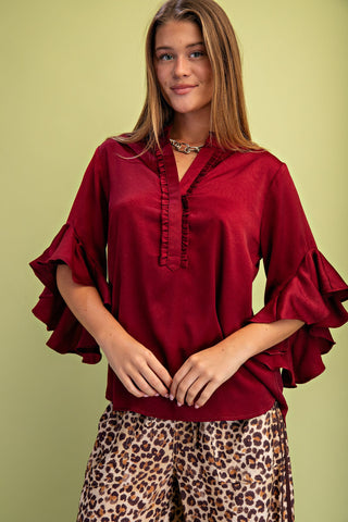 Satin Ruffled Bell Sleeve Top