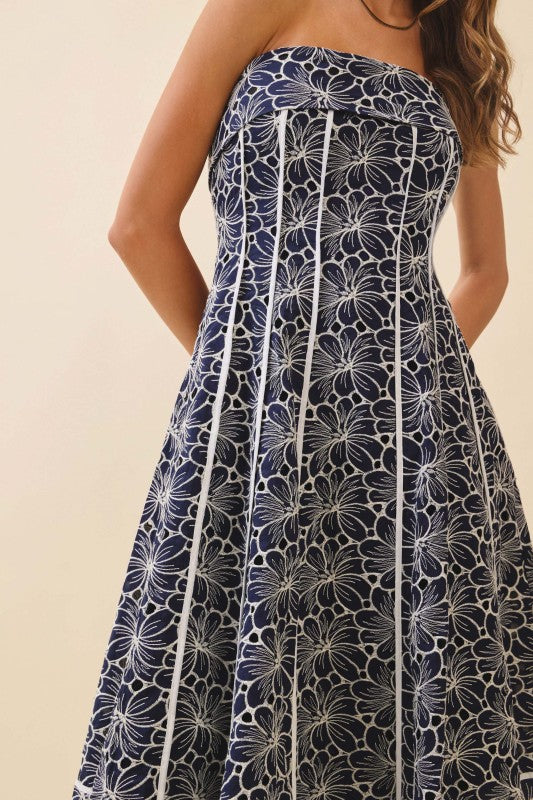 Floral Print Contrast Piping Strapless Midi Dress