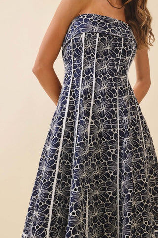 Floral Print Contrast Piping Strapless Midi Dress