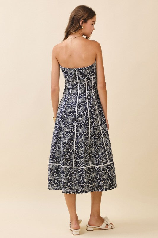 Floral Print Contrast Piping Strapless Midi Dress