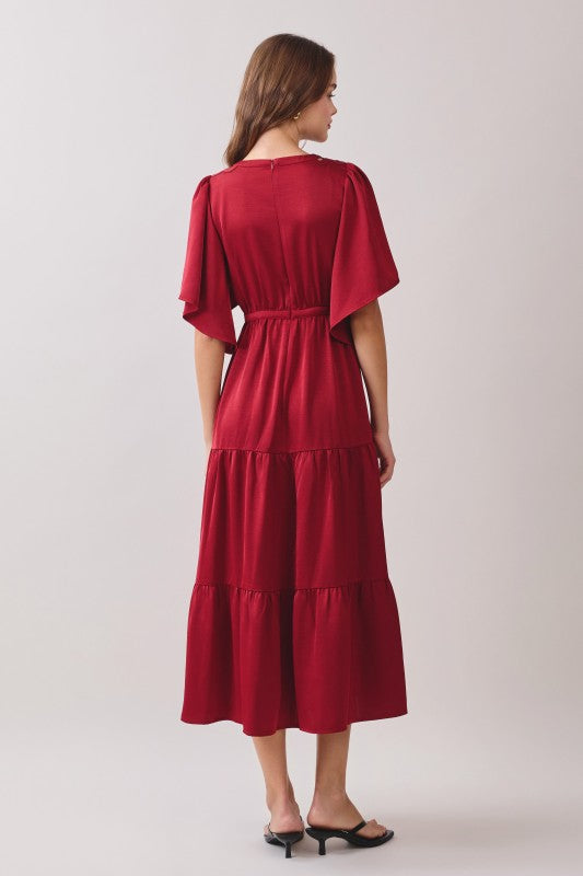 Ruched Detail Tiered Short Sleeves Maxi Dress