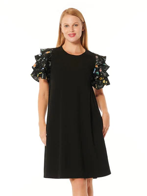 Tiered Printed Flutter Sleeves Solid Shift Dress