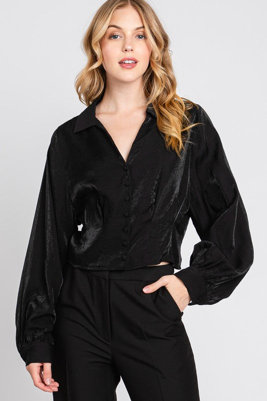 V-neck Button Down Blouse W/ Pleat Details