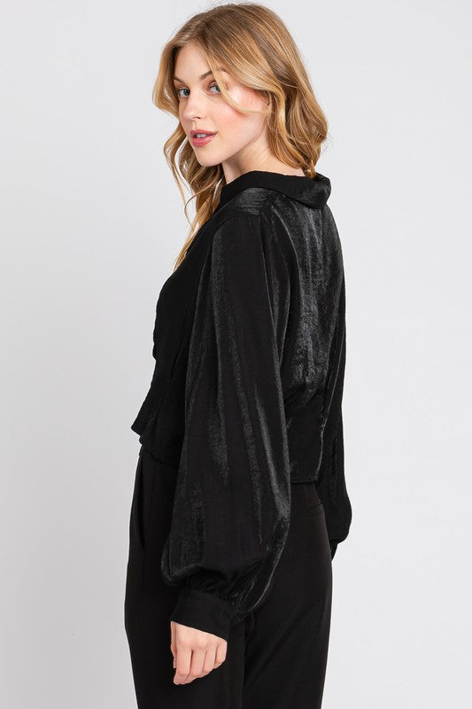 V-neck Button Down Blouse W/ Pleat Details