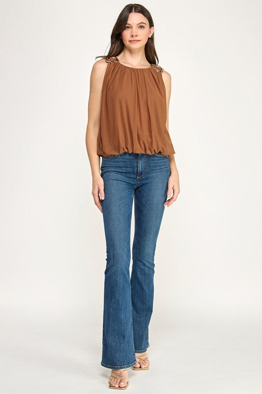 Shoulder Metal Detail R Neck Solid T Shirt