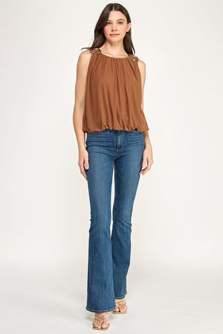 Shoulder Metal Detail R Neck Solid T Shirt