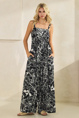 ADJUSTABLE STRAPS ABSTRACT FLORAL PRINT JUMPSUIT MAXI LENGTH POCKETS