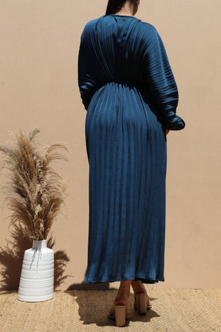 Pleated V Neck Satin Midi Dress