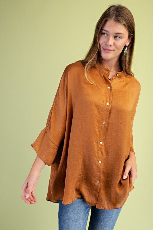 Washed Satin Button Down Loose Fit Top