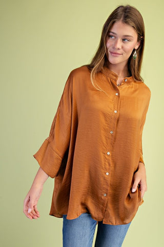 Washed Satin Button Down Loose Fit Top