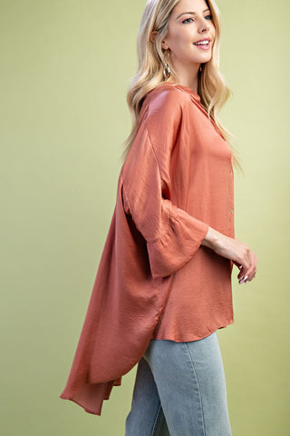 Washed Satin Button Down Loose Fit Top